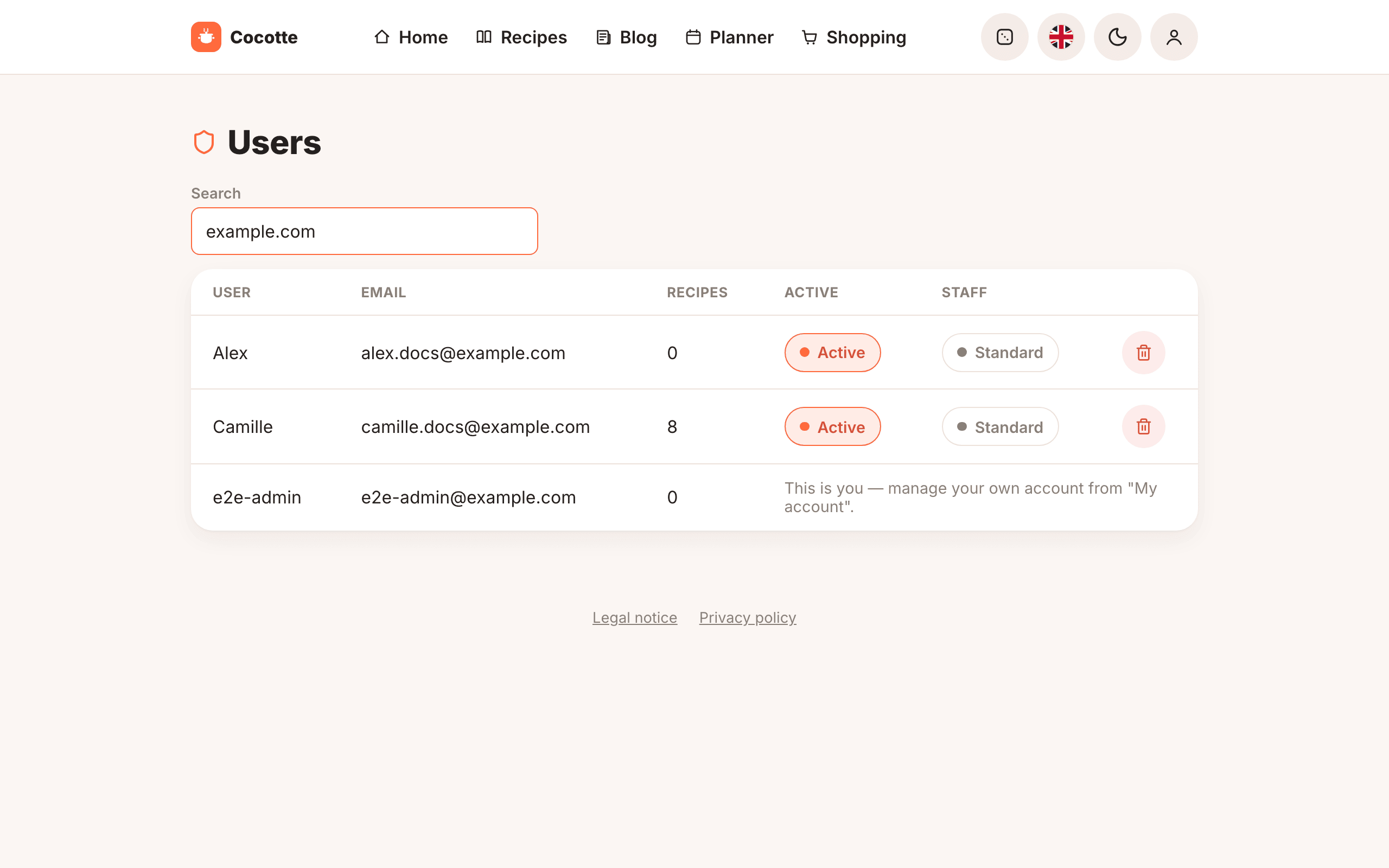 The staff Users page