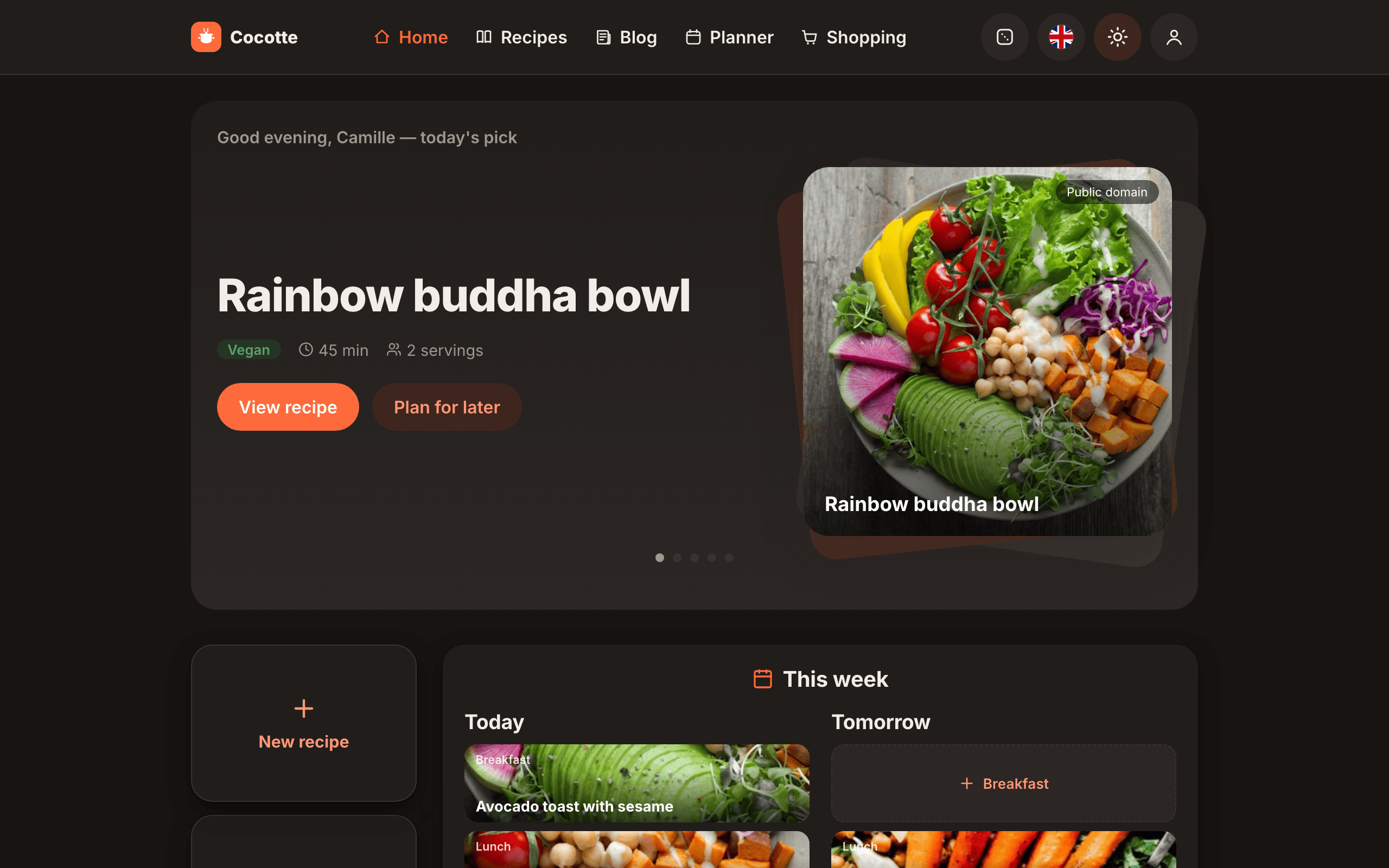 The home page in dark mode