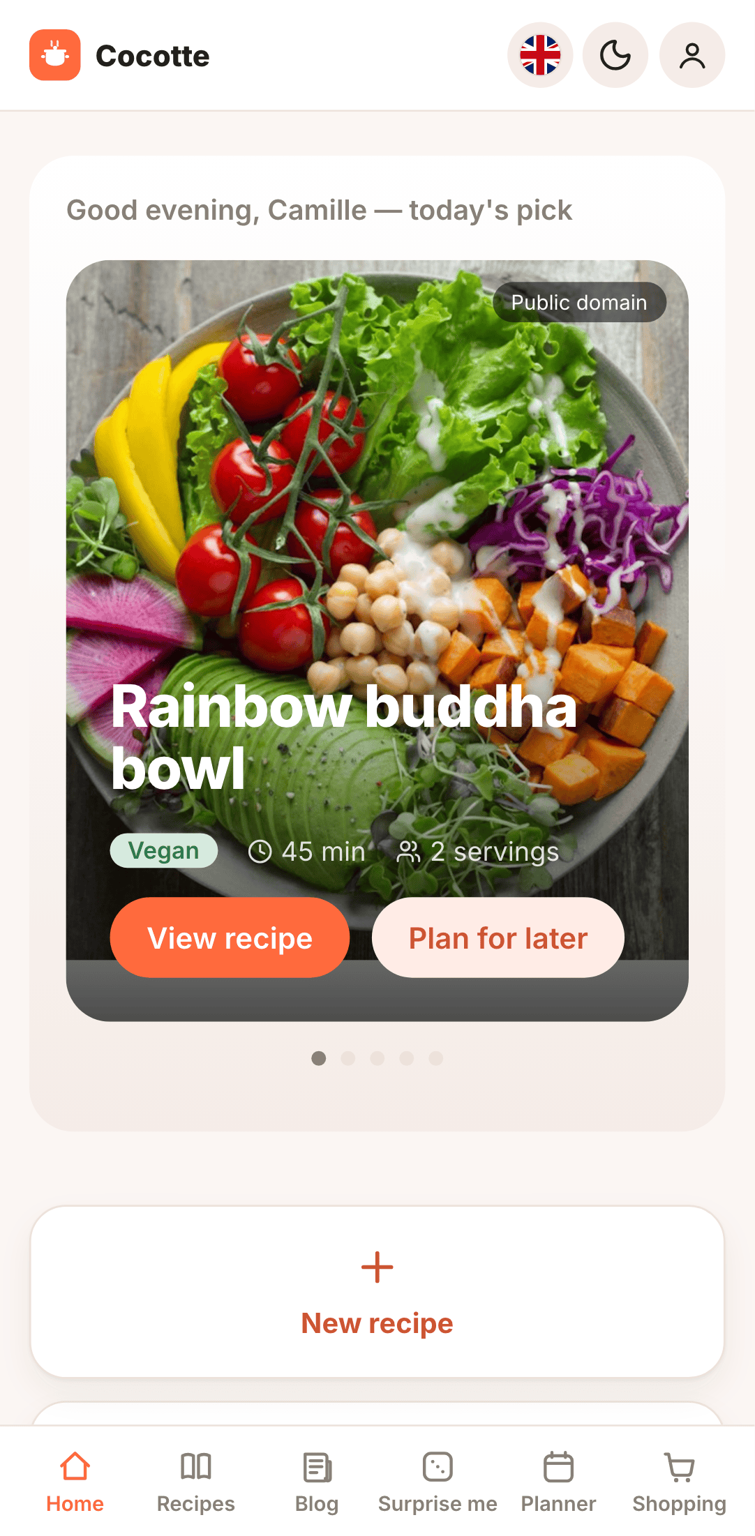 Cocotte on a phone, with the bottom tab bar