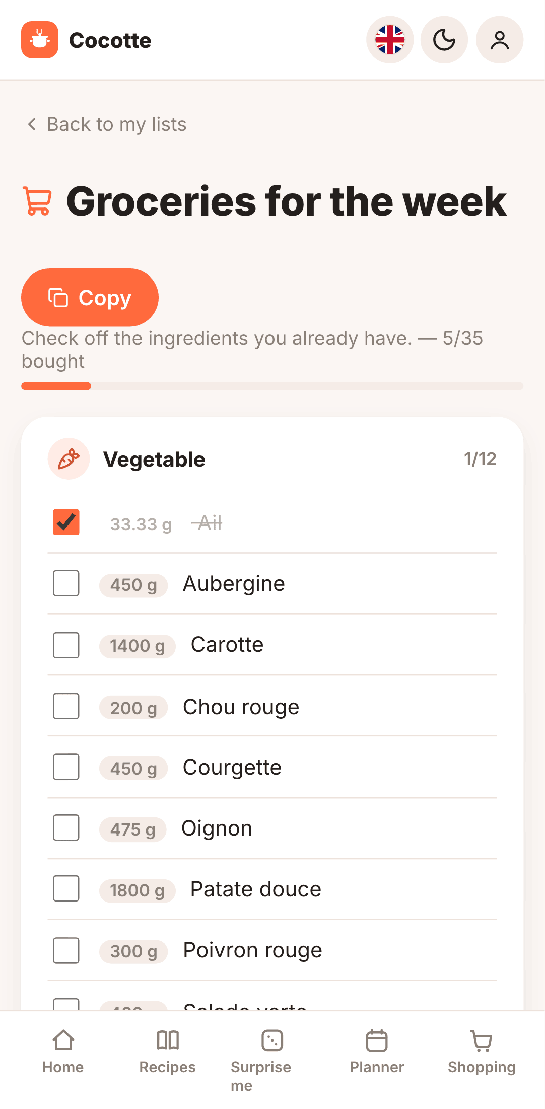 A shopping list on a phone