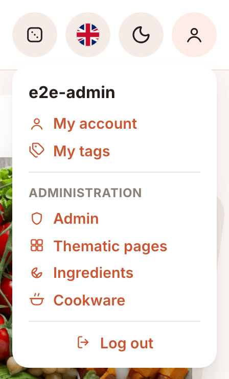 The buttons on the right of the top bar (dice, language flag, dark mode, account) with the account menu open, showing My account, My tags, the Administration section and Log out