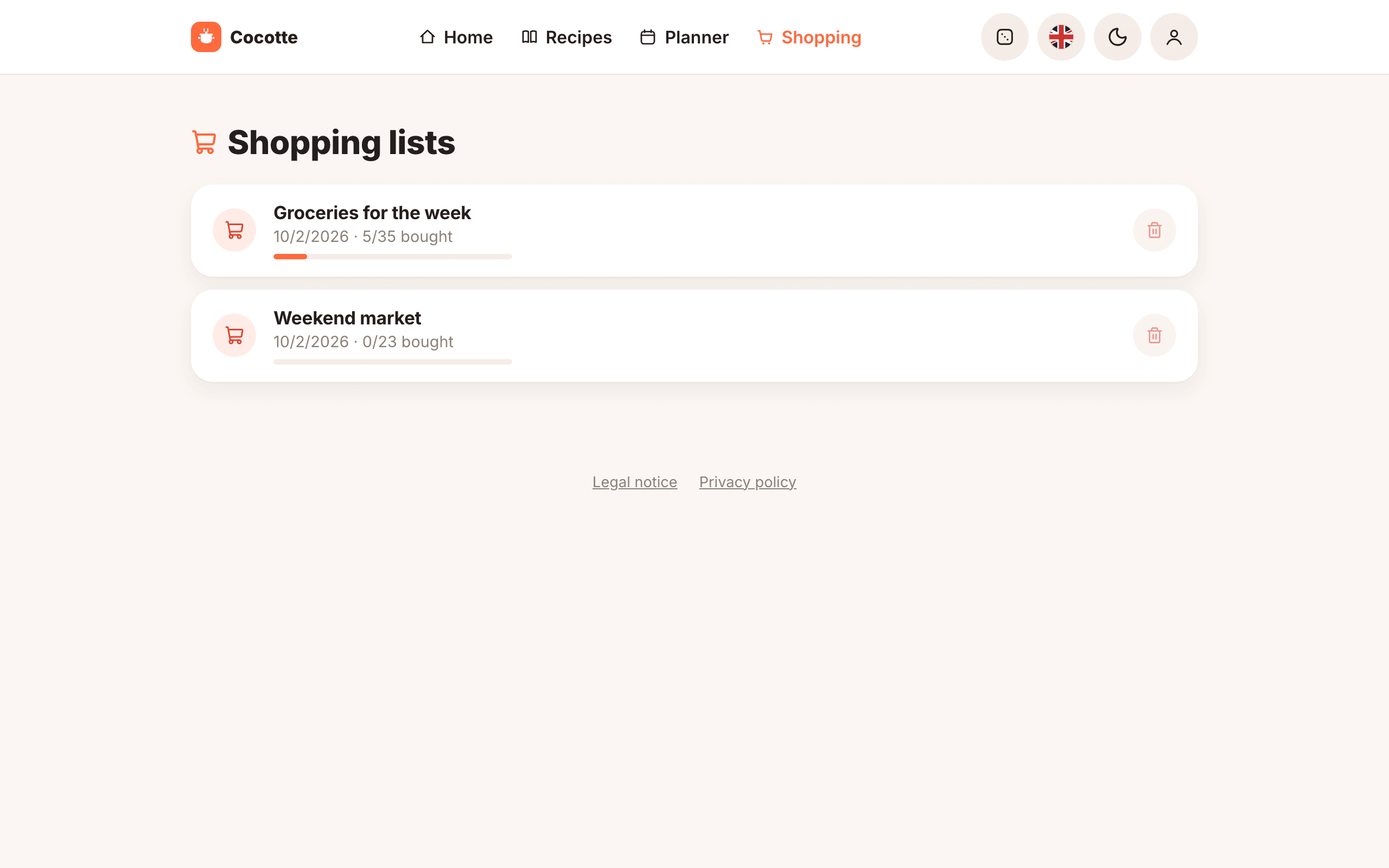 The shopping lists page
